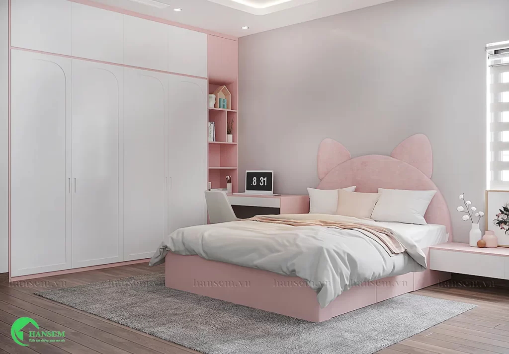 Phòng ngủ của bé gái gắn với sắc màu hồng bay bổng và nhẹ nhàng