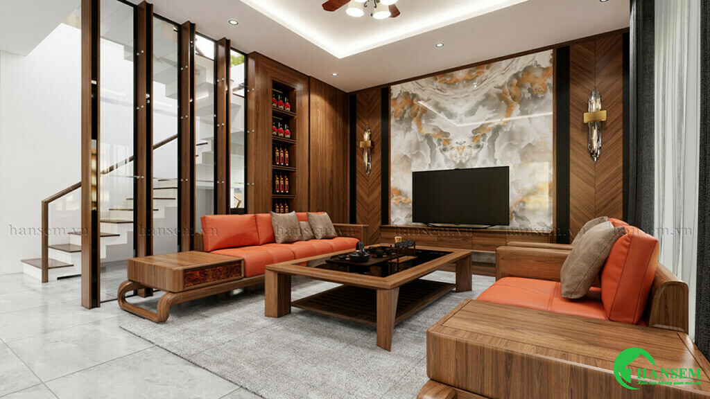 thiết kế nội thất phòng khách gỗ công nghiệp