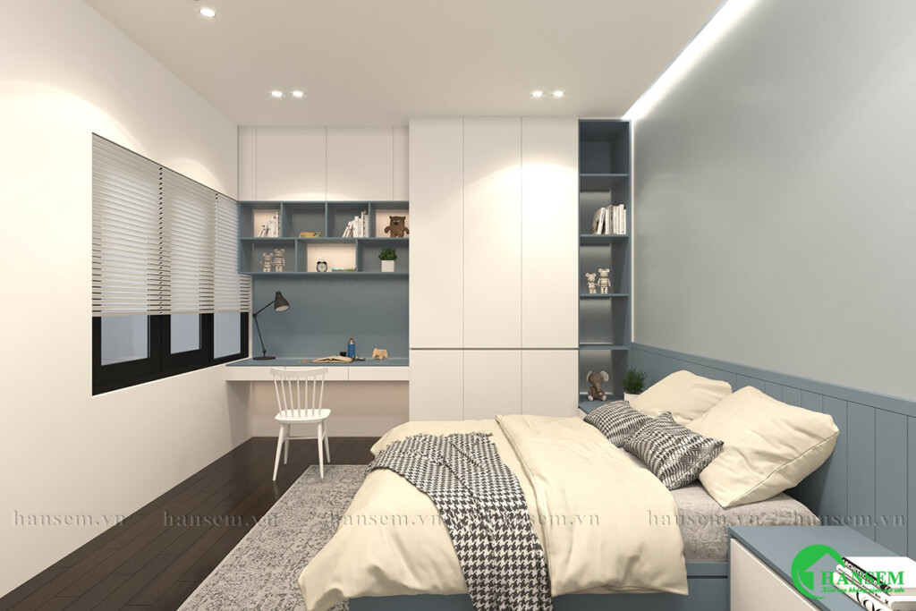 Màu sắc trắng chủ đạo kết hợp xám ghi và xanh nhạt đem lại căn phòng ngủ tràn đầy sức sống