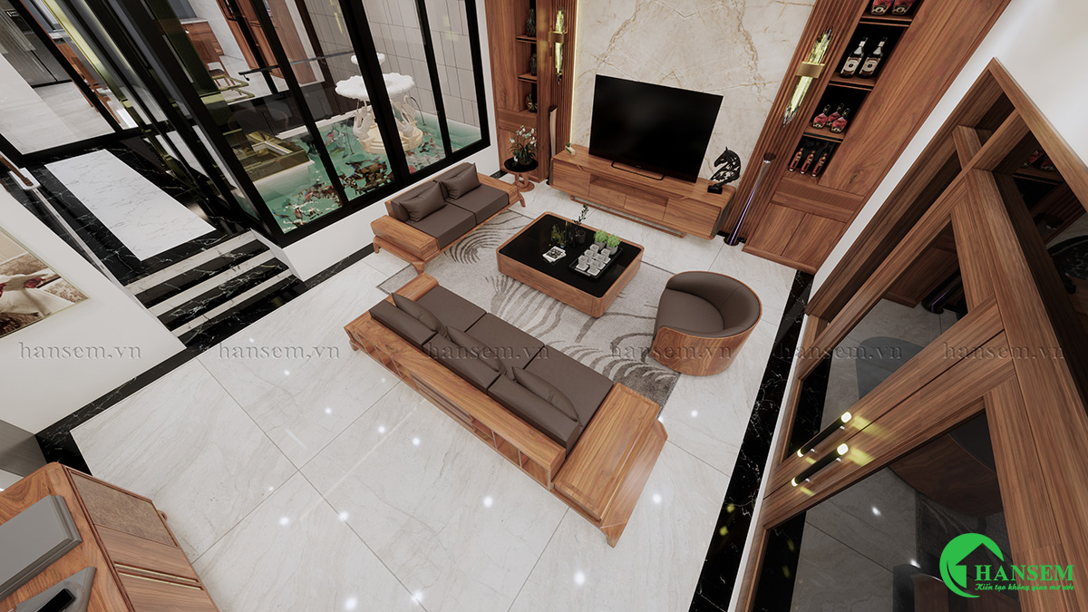 thiết kế nội thất biệt thự gỗ gõ đỏ phòng khách