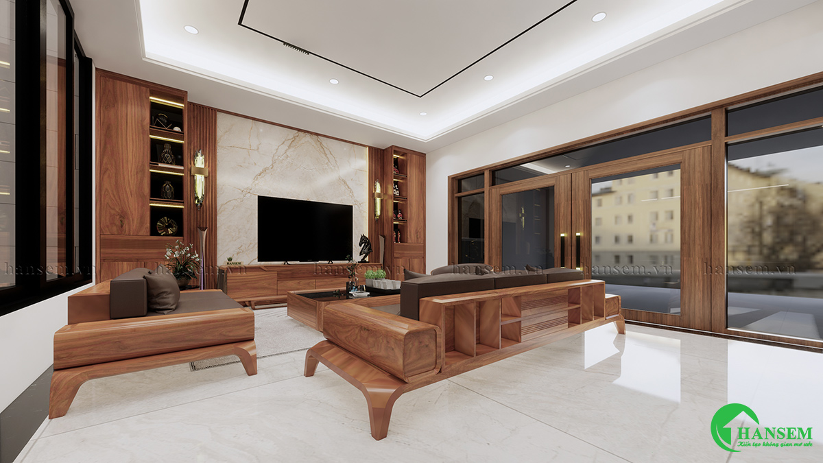thiết kế nội thất biệt thự gỗ gõ đỏ phòng khách