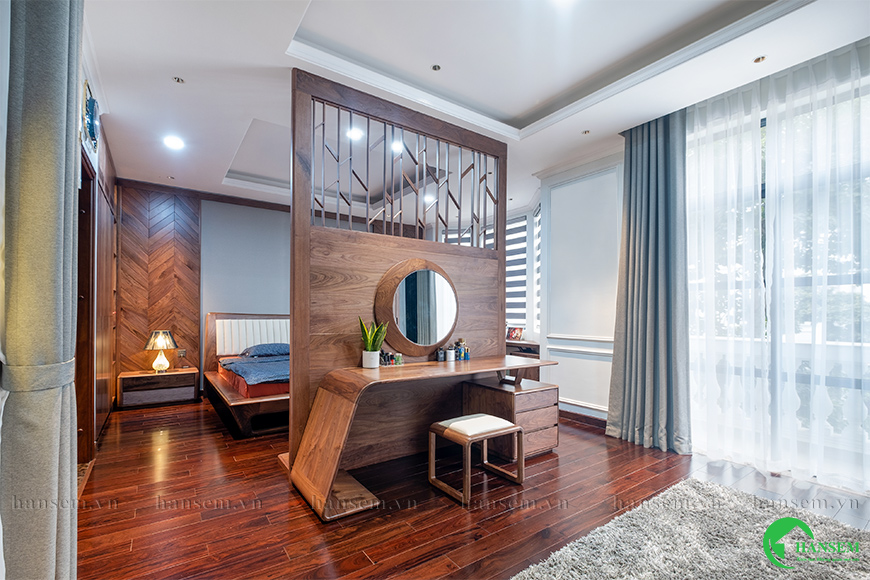 nội thất phòng ngủ hiện đại, không gian thoáng rộng kết hợp gỗ nâu ấm áp, sẽ mang đến giấc ngủ ngon cho gia chủ