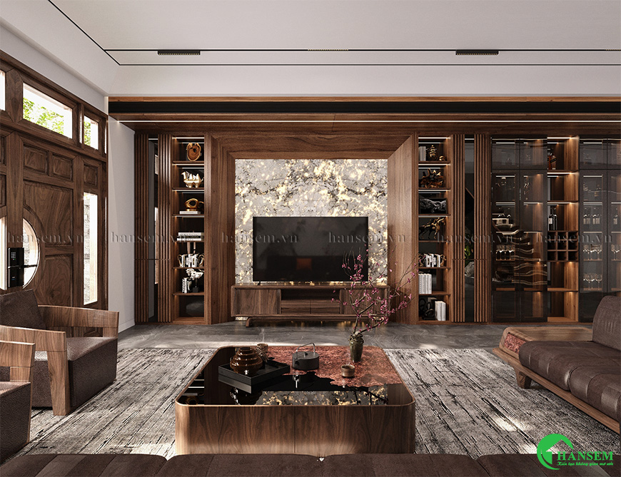 Vật liệu gỗ tự nhiên trọng tâm của phòng khách khơi dậy sự giàu sang và thời thượng của chủ nhà