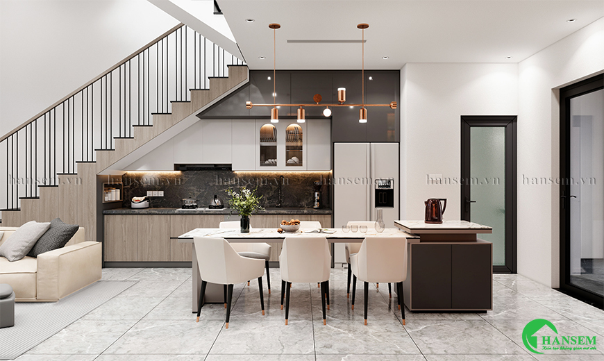 Tủ bếp đẹp liền kề với cầu thang tiết kiệm diện tích và mang lại sự thoải mái cho chủ nhà