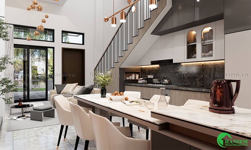 Thiết kế tối ưu không gian liền kề giữa phòng bếp và phòng khách