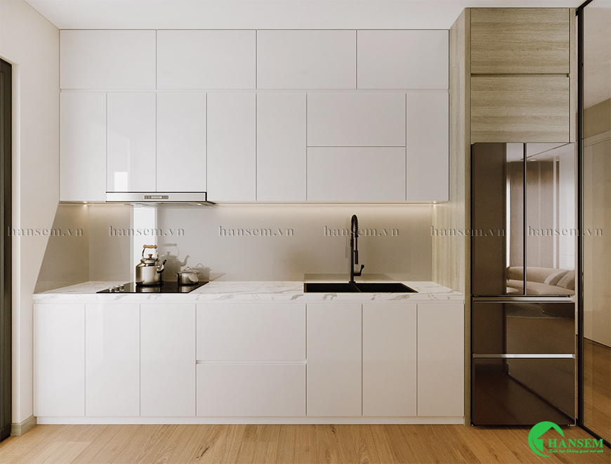 Phong cách tối giản là sự lựa chọn hàng đầu đối với diện tích hạn chế của phòng bếp nhà ống