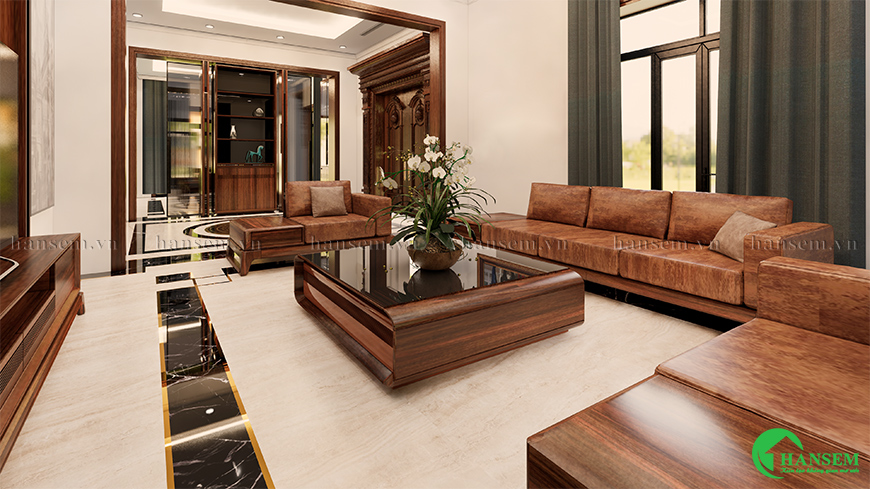 Màu gỗ sang trọng kết hợp nệm da cao cấp mang đến cho không gian phòng khách sang trọng