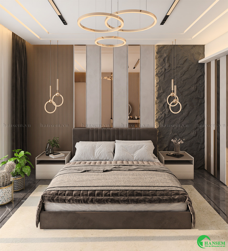 Thiết kế phòng ngủ nhà ống sang trọng, vách ốp gỗ acrylic và lam sóng gỗ