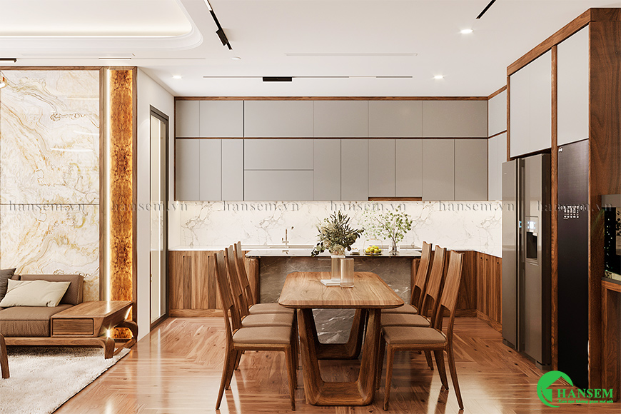 Kết hợp gỗ công nghiệp gỗ tự nhiên mang lại sự tươi mới trong bố cục thiết kế