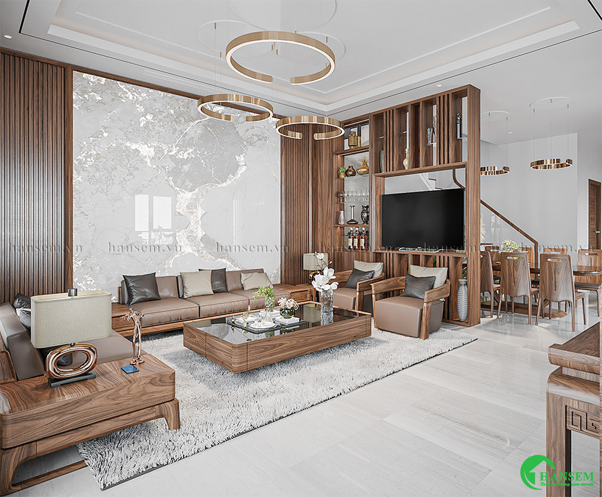 Phòng khách liền bếp 25m2 gỗ óc chó tự nhiên đẹp