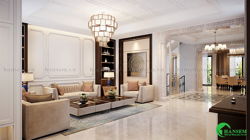 Trang trí phòng khách liền bếp 25m2 phong cách tân cổ điển