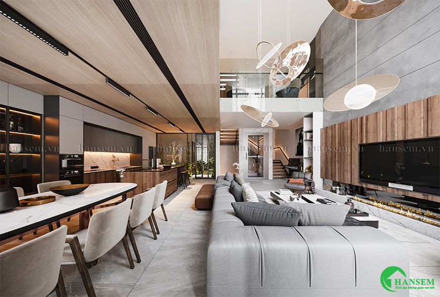 Phòng khách liền bếp 25m2 sang trọng hiện đại phong cách Scandinavian