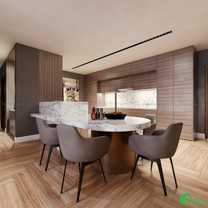 Chất liệu gỗ, da và bề mặt đá mang lại sự sang trọng hiện đại