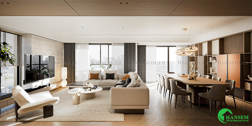 Nội thất HanSem thiết kế thi công nội thất phòng khách liền bếp 25m2