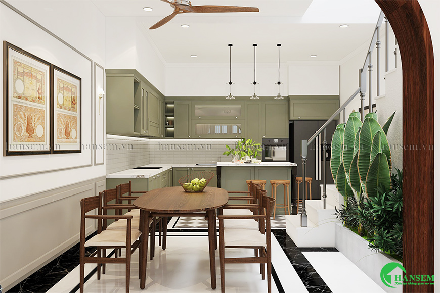 Bố trí thêm cây xanh để căn phòng bếp luôn trở nên tươi vui và năng lượng