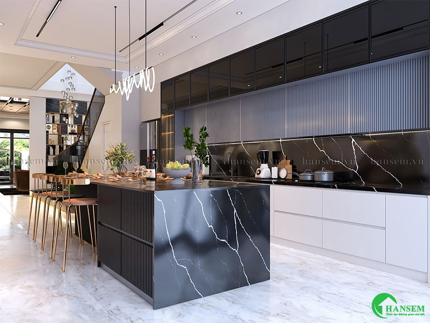 Thiết kế nội thất phòng bếp liền khách với hệ vách ngăn và cầu thang hiện đại