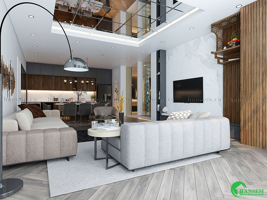Thiết kế phòng khách liền bếp đẹp sang trọng