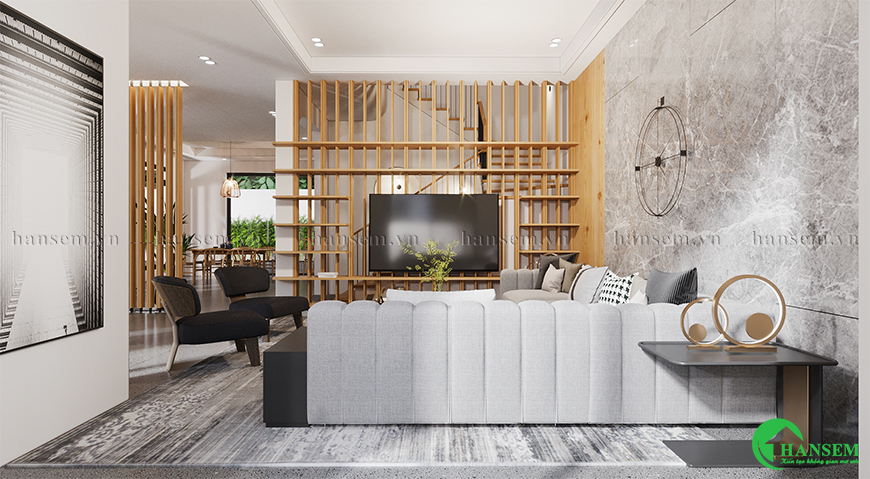 Bố trí liền kề áp dụng gam màu hiện đại và sắp xếp nội thất thông thoáng