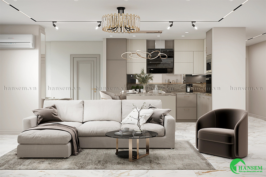 Nội Thất HanSem thiết kế và thi công phòng khách liền bếp 30m2