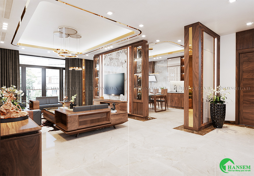 Không gian thông thoáng và nổi bật với vân gỗ sọc dọc ấn tượng