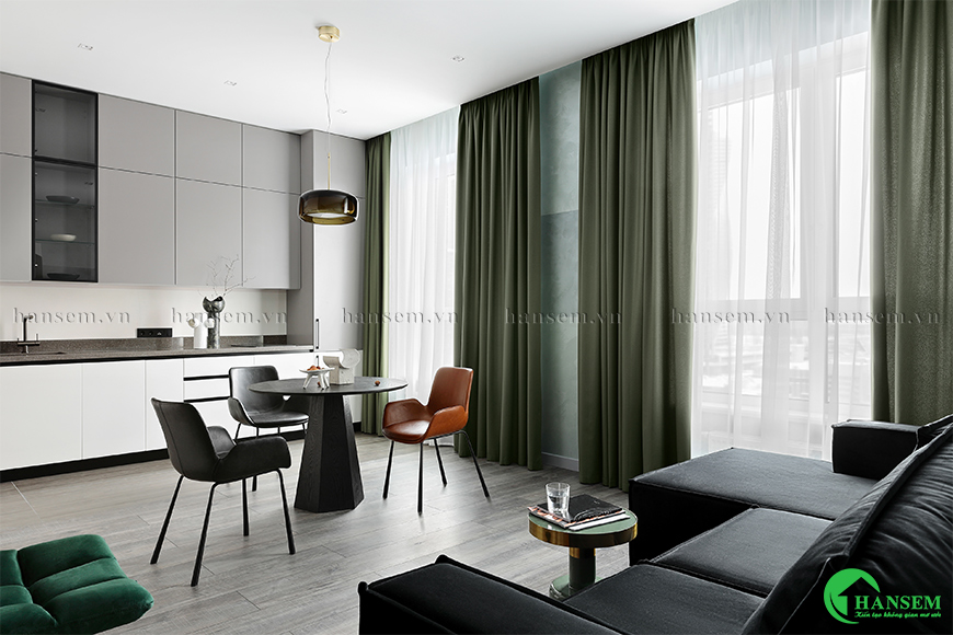 Tone màu sắc nội thất phòng khách liền bếp 50m2 nhẹ nhàng và thanh thoát