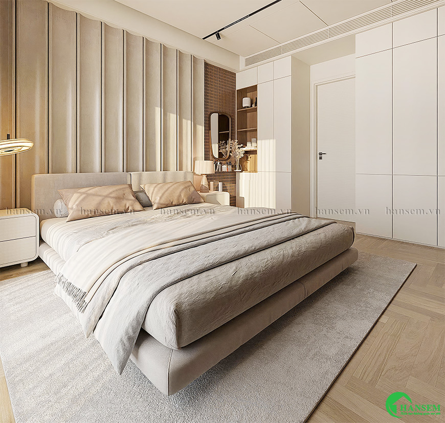 Chất liệu và màu sắc nhẹ nhàng mang đến căn phòng ngủ thoải mái