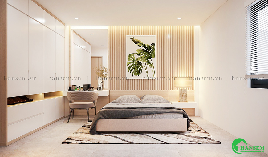 Đặt chiếc giường ở trung tâm căn phòng và bố trí đèn tạo nên không gian ấm áp và sáng sủa