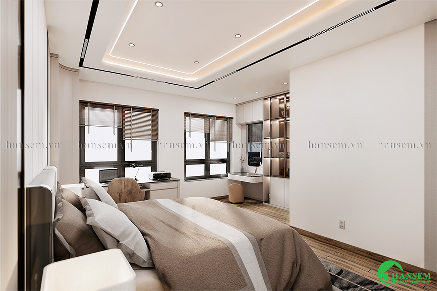 Đặt lệch vị trí giường nhưng vẫn là trung tâm của căn phòng ngủ