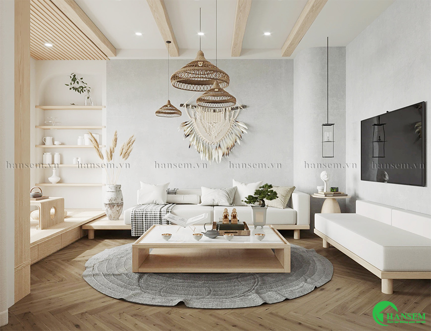 Kết hợp giữa Bắc Âu hòa quyện phong cách Japandi tạo nên không gian phòng khách đẹp hiện đại