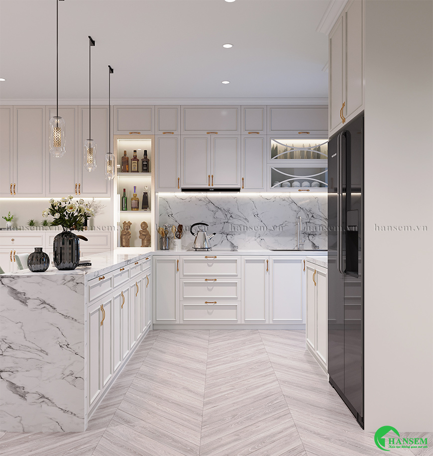 Tủ bếp với phong cách sang trọng làm nổi bật căn bếp luôn ấn tượng