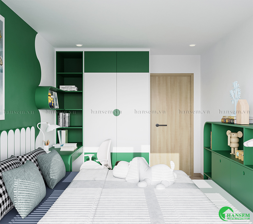 Màu xanh lá và trắng phối hợp nhịp nhàng tạo nên căn phòng ngủ luôn tươi vui