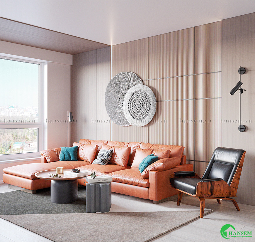 Bộ ghế sofa màu cam mang lại cảm xúc tươi vui và tràn đầy năng lượng trong không gian phòng khách