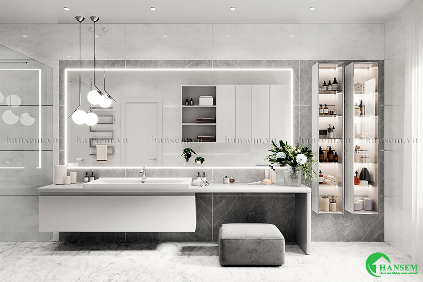 Thiết kế nội thất căn phòng tắm hiện đại và sạch sẽ trong căn hộ chung cư 125m2