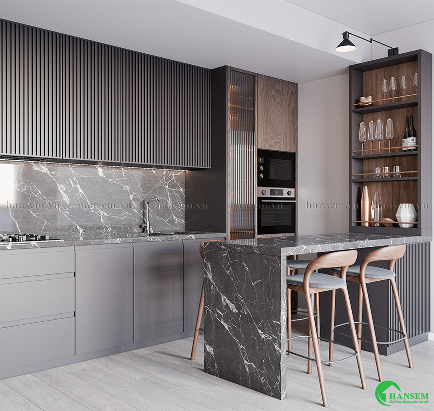 Tủ bếp gỗ công nghiệp kết hợp kính cường lực và bàn đảo thay thế bàn ăn tối ưu không gian