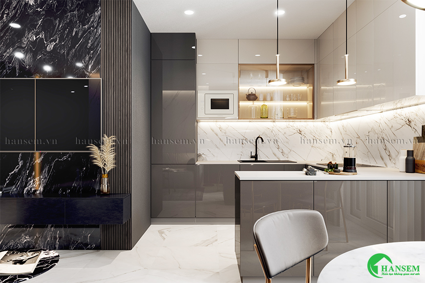 Tủ bếp sử dụng chất liệu gỗ Acrylic bóng gương ấn tượng và cuốn hút rất đẹp