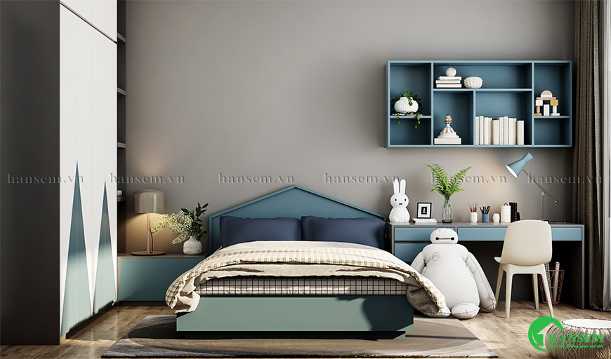 Tone màu xanh navy chủ đạo kết hợp xám nhạt cùng kệ và bàn, ghế giường tủ nhọn gọn phù hợp với độ tuổi của bé