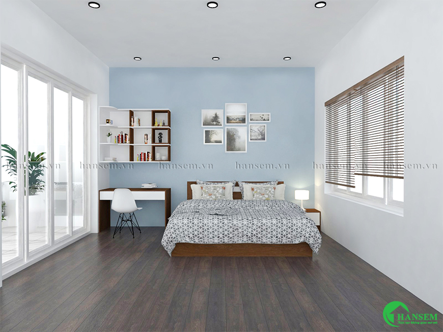 Phòng ngủ bé trai với chất liệu gỗ công nghiệp và màu sắc xanh dương năng động, bố trí đồ chơi và tủ kệ sách