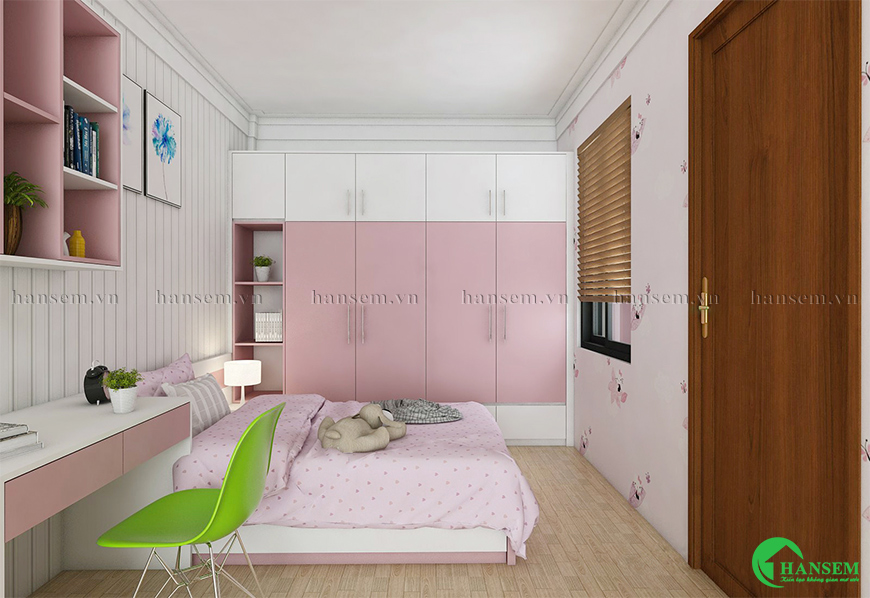 Khu học tập với bàn ghế đẹp cùng ngăn kệ chứa đồ dùng cá nhân, tủ quần áo có nhiều khoang chứa
