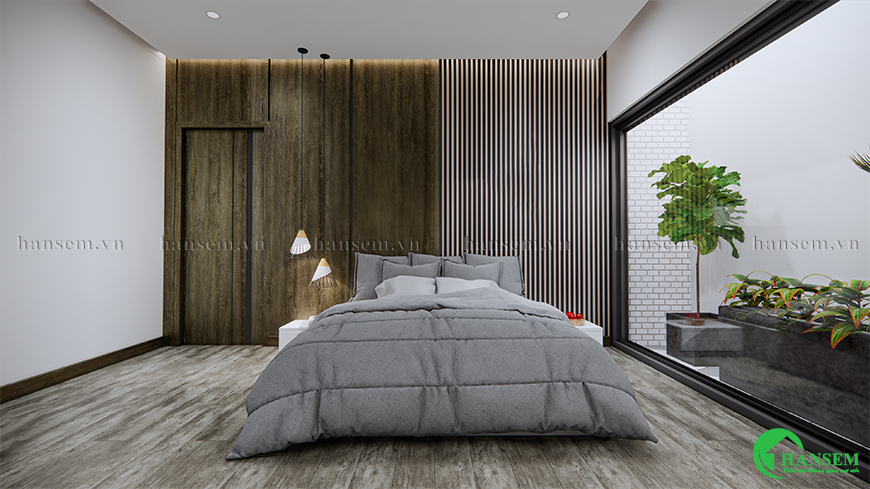 Sử dụng hệ thống đèn chiếu sáng kết hợp cửa cánh kính đưa ánh sáng thiên nhiên vào căn phòng ngủ