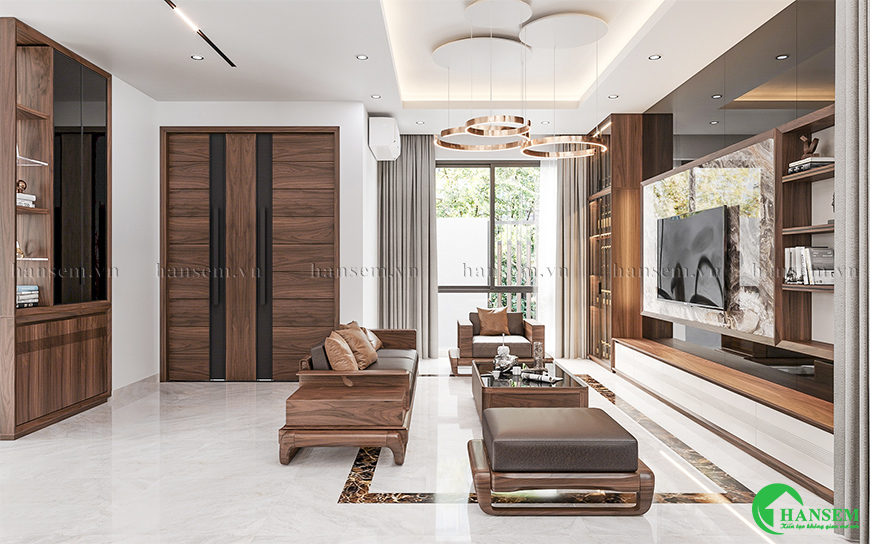 Ghế sofa gỗ óc chó bọc da đệm và bàn trà hình hộp gỗ với bề mặt kính rất đẹp