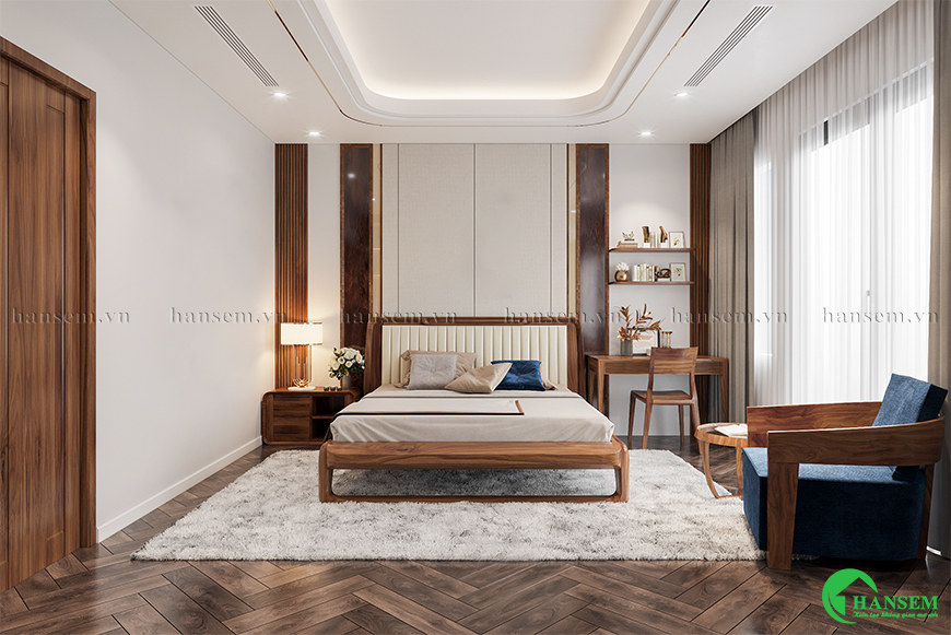 Phòng ngủ với sắc thái nhẹ nhàng và yên tĩnh sử chất gỗ tự nhiên cao cấp, vải mềm mải mang lại cảm giác thư thái
