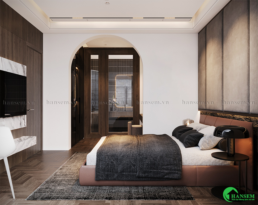 Mẫu nội thất phòng ngủ đẹp có tủ quần áo kết hợp bàn trang điểm và giường bọc da cao cấp