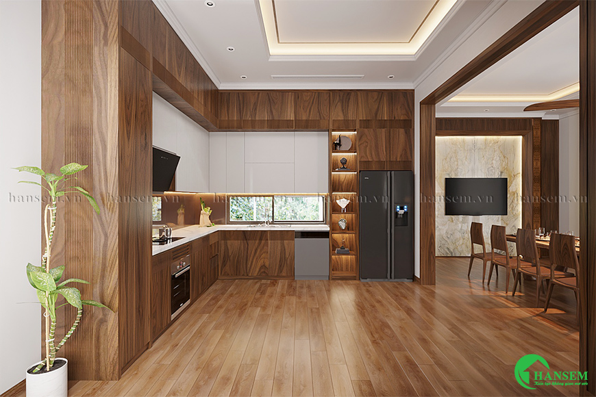 Thiết kế tủ bếp chữ L bố trí cửa sổ nhỏ gọn hút ánh sáng và gió ngoài trời mang lại không gian thông thoáng