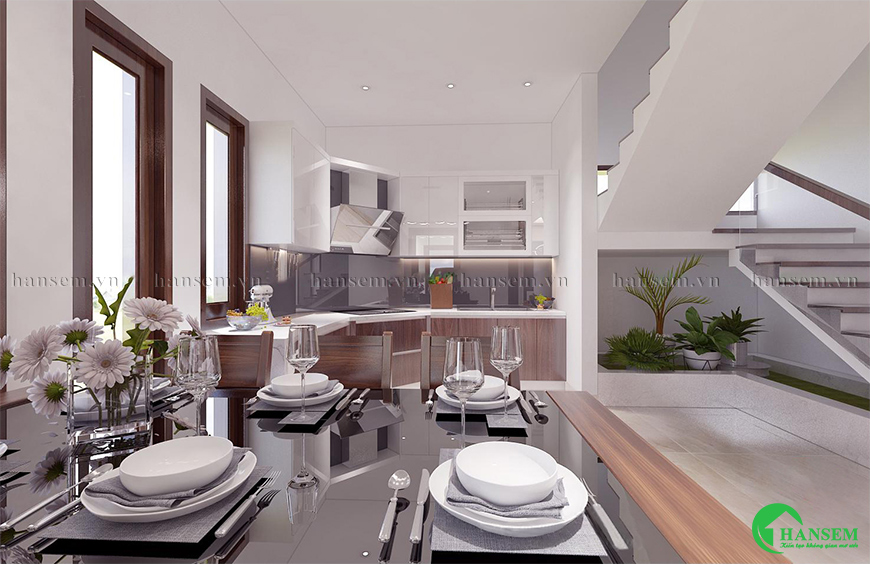 Phòng bếp thiết kế ngăn nắp thông thoáng và tiện nghi