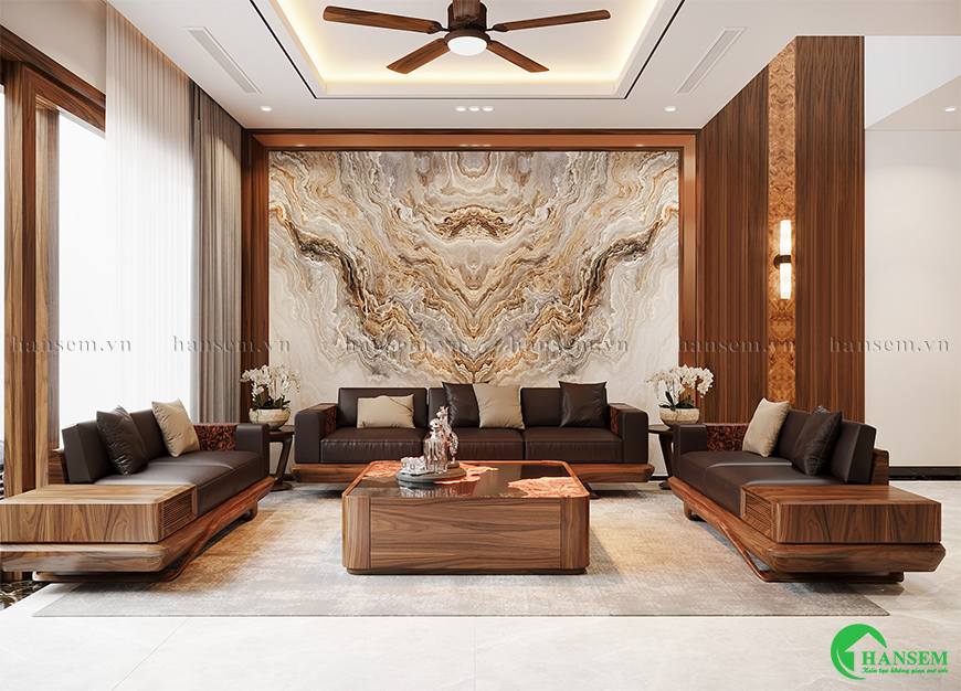 Tạo điểm nhấn với vân nhựa giả đá vách tường và bàn ghế sofa gỗ óc chó đẹp ấn tượng