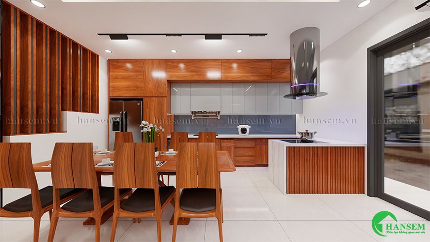 Nội thất bếp chất gỗ gõ đỏ trong không gian nhà phố