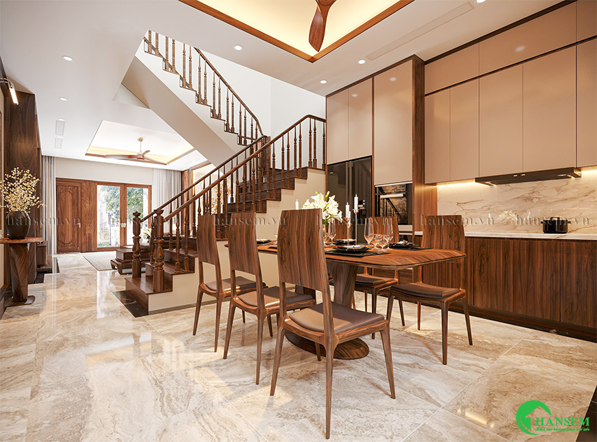 Chất gỗ tự nhiên cao cấp kết hợp gỗ công nghiệp trong không gian liên thông mang đến sự sang trọng