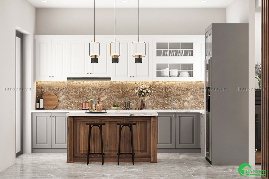 Tủ bếp chữ L và bàn đảo gỗ công nghiệp Acrylic ấn tượng hiện đại