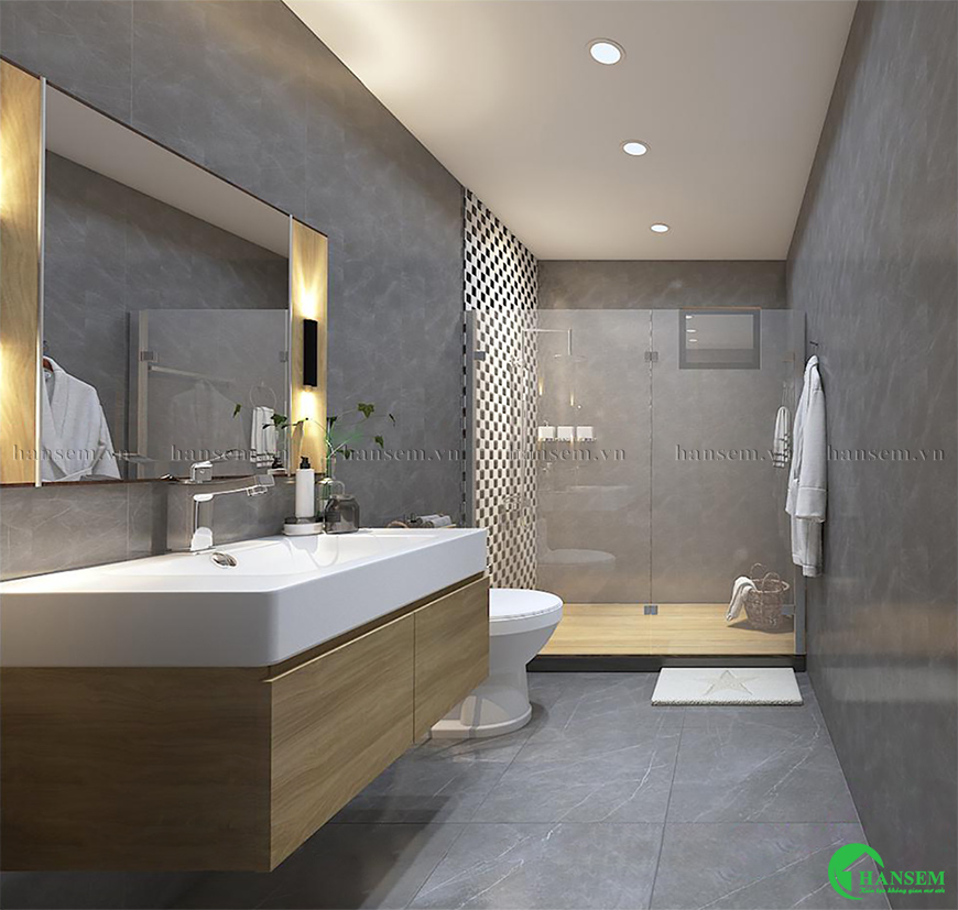 Kết hợp giữa phòng tắm và nhà vệ sinh cùng bồn rửa trong một không gian tiết kiệm diện tích