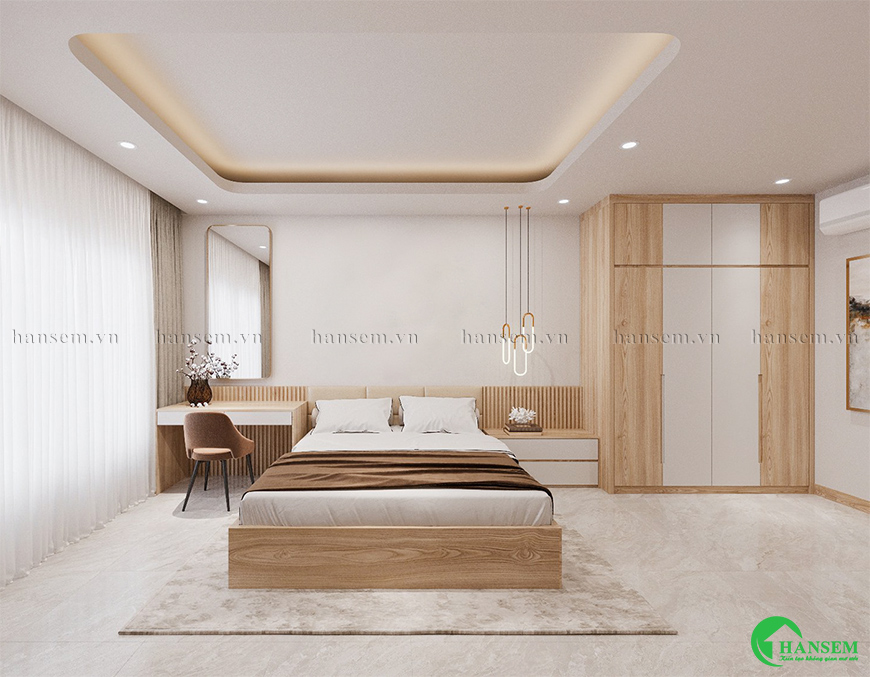 Với phòng ngủ sử dụng chất liệu và tone màu ấm tươi trẻ để nâng niu mỗi giấc ngủ của chủ nhân